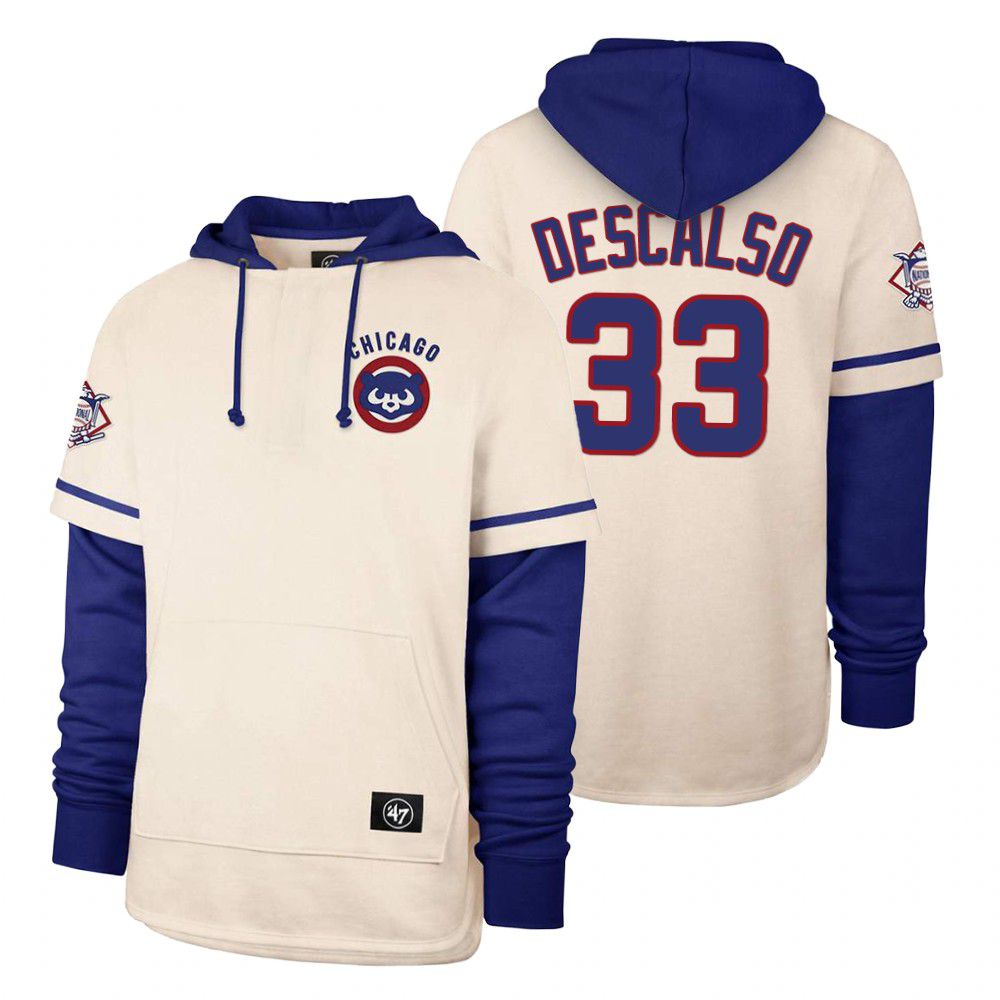Men Chicago Cubs #33 Descalso Cream 2021 Pullover Hoodie MLB Jersey->chicago cubs->MLB Jersey